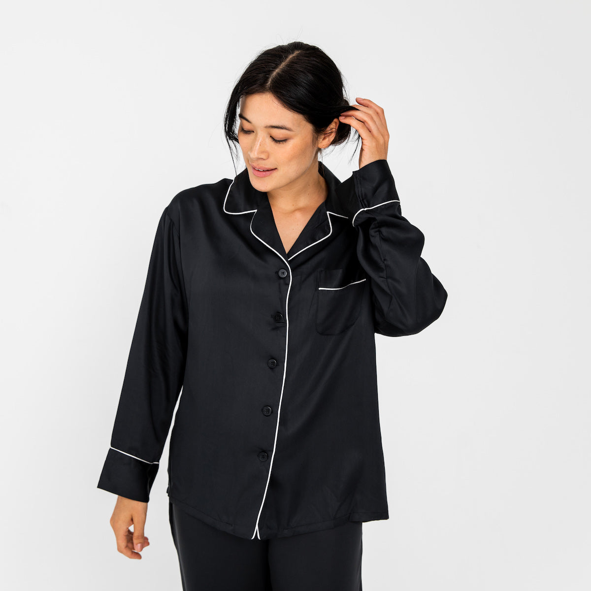 Onyx | Sateen Long Sleeve PJ Shirt With 100% Organic Bamboo #Color_onyx